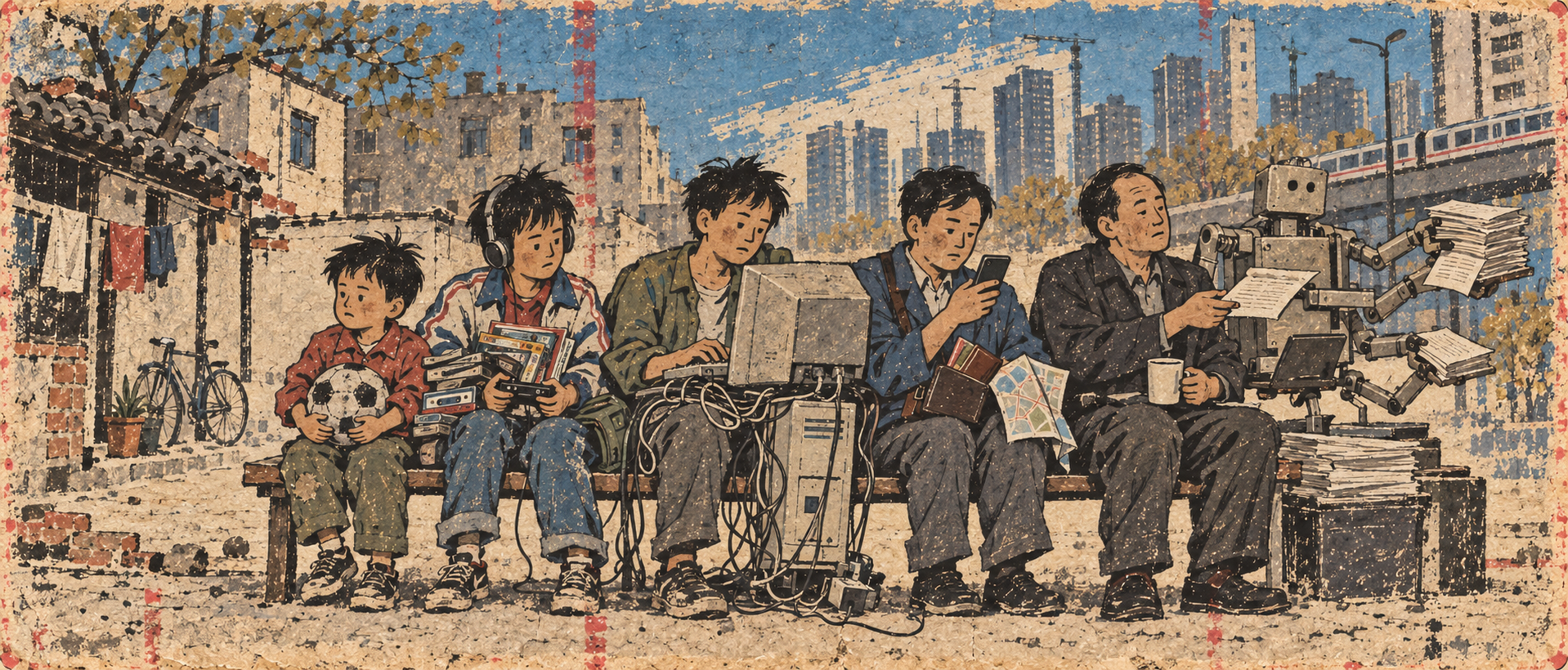 一条从旧居民区、九十年代商店、个人电脑、智能手机延伸到人工智能的时间长廊