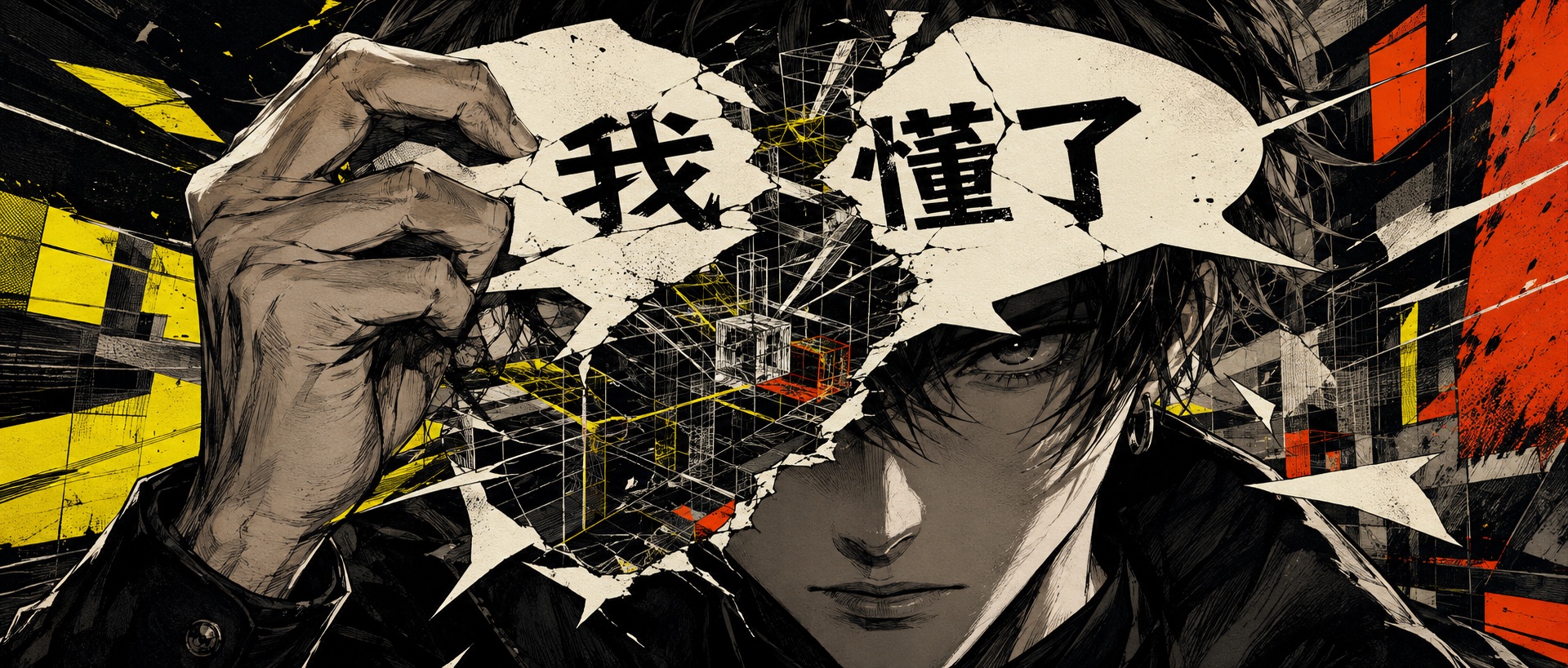 黑黄橙色漫画中，人物撕开写着“我懂了”的对话框，露出背后的复杂几何结构